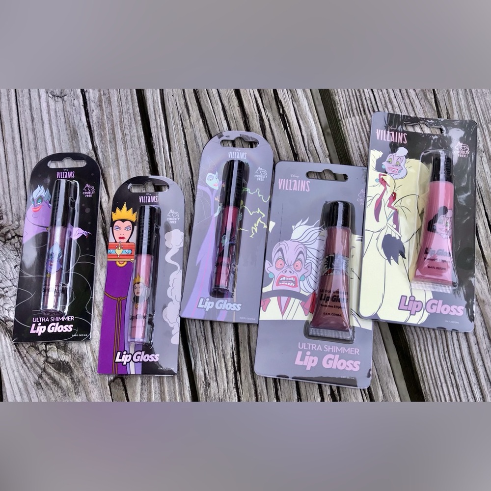 5 NEW Disney VILLAINS Lip Gloss Tint & Shimmer Cosmetics Movie Merch Gift